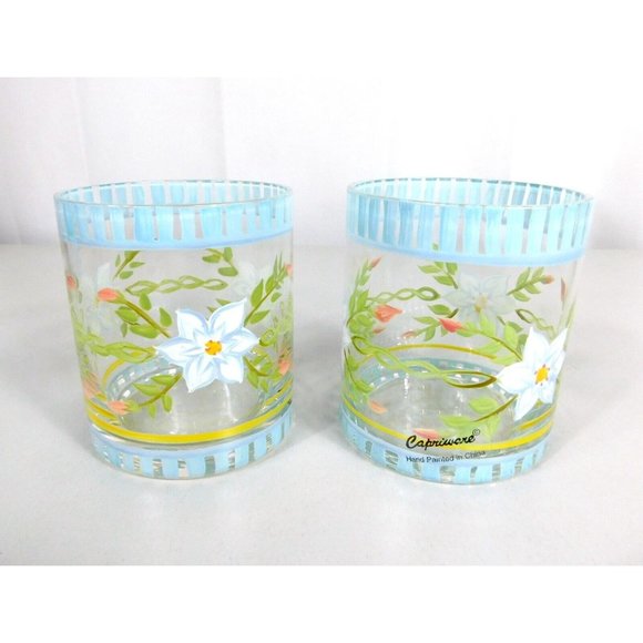 Hand Painted Capriware Glasses Set 2 Floral Pattern Flowers Barware Drinkware - Picture 3 of 10